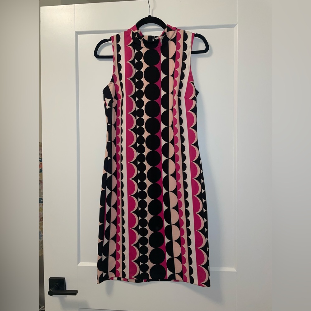 Vince Camuto Black Pink Mod Retro Dots Sleeveless Sheath Dress size small